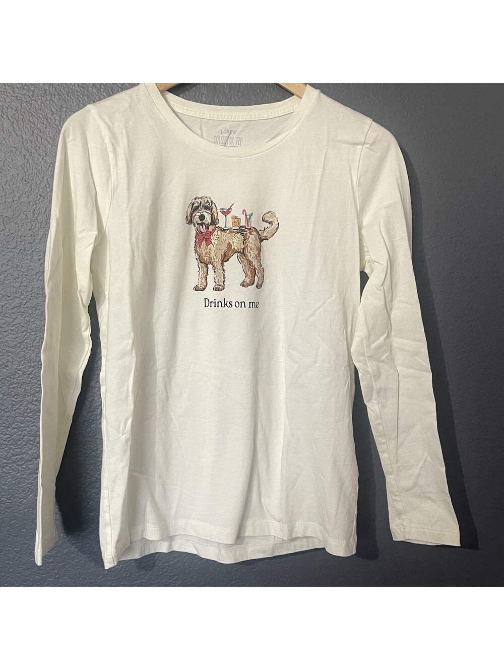 J.Crew Collector Tee Sz S Graphic Long Sleeve Shirt Dog Drinks on Me Novelty